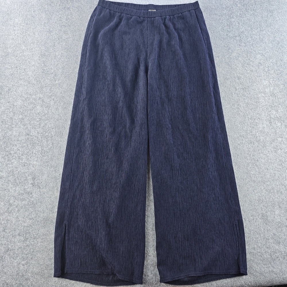 Eileen Fisher Wide Leg Crinkle Pants Womens Medium Navy Blue Tencel Blend XL